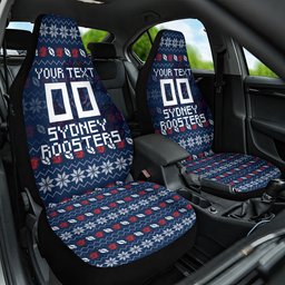 Personalized Sydney Roosters Christmas Car Seat Cover Australian Rugby Fans - Pixelated Ugly Xmas Pattern Mascot Santa
