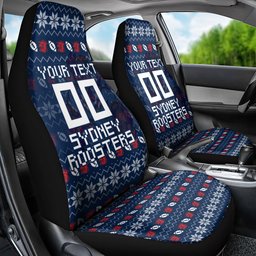 Personalized Sydney Roosters Christmas Car Seat Cover Australian Rugby Fans - Pixelated Ugly Xmas Pattern Mascot Santa