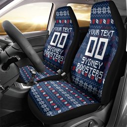 Personalized Sydney Roosters Christmas Car Seat Cover Australian Rugby Fans - Pixelated Ugly Xmas Pattern Mascot Santa