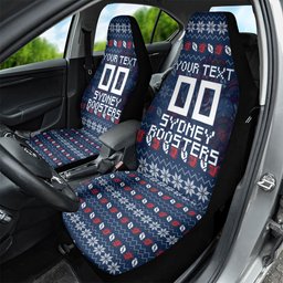 Personalized Sydney Roosters Christmas Car Seat Cover Australian Rugby Fans - Pixelated Ugly Xmas Pattern Mascot Santa