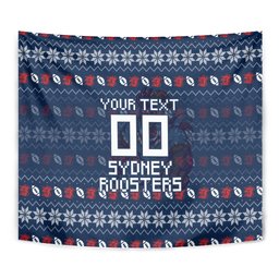 Personalized Sydney Roosters Christmas Tapestry Australian Rugby Fans - Pixelated Ugly Xmas Pattern Mascot Santa