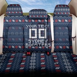 Personalized Sydney Roosters Christmas Back Car Seat Cover Australian Rugby Fans - Pixelated Ugly Xmas Pattern Mascot Santa
