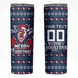 Personalized Sydney Roosters Christmas Skinny Tumbler Australian Rugby Fans - Pixelated Ugly Xmas Pattern Mascot Santa