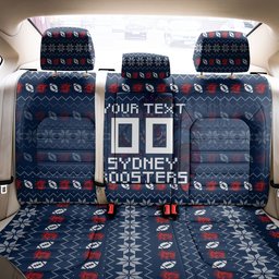 Personalized Sydney Roosters Christmas Back Car Seat Cover Australian Rugby Fans - Pixelated Ugly Xmas Pattern Mascot Santa