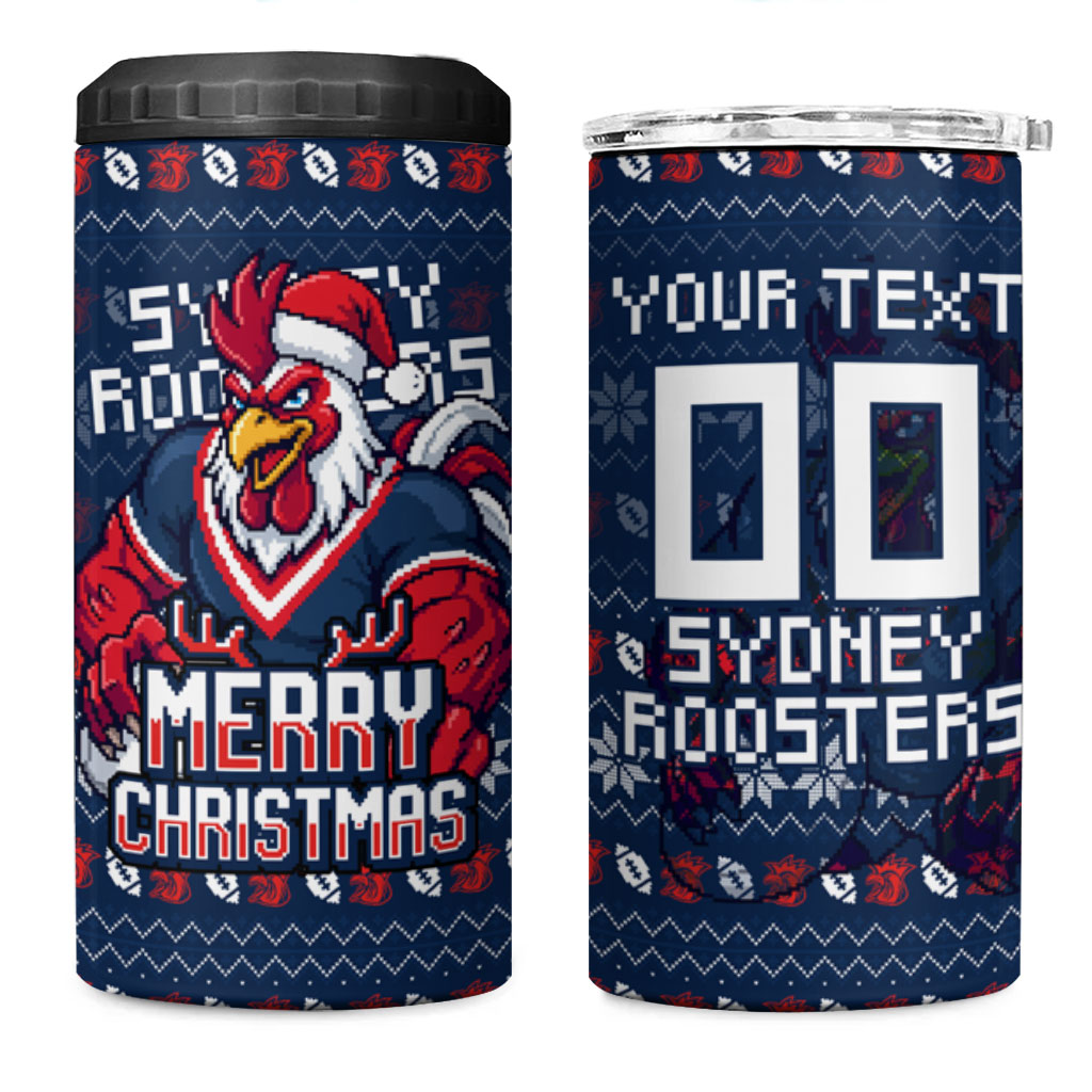 Personalized Sydney Roosters Christmas 4 in 1 Can Cooler Tumbler Australian Rugby Fans - Pixelated Ugly Xmas Pattern Mascot Santa
