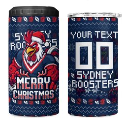 Personalized Sydney Roosters Christmas 4 in 1 Can Cooler Tumbler Australian Rugby Fans - Pixelated Ugly Xmas Pattern Mascot Santa