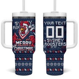Personalized Sydney Roosters Christmas Tumbler With Handle Australian Rugby Fans - Pixelated Ugly Xmas Pattern Mascot Santa