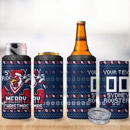 Personalized Sydney Roosters Christmas 4 in 1 Can Cooler Tumbler Australian Rugby Fans - Pixelated Ugly Xmas Pattern Mascot Santa