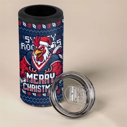 Personalized Sydney Roosters Christmas 4 in 1 Can Cooler Tumbler Australian Rugby Fans - Pixelated Ugly Xmas Pattern Mascot Santa