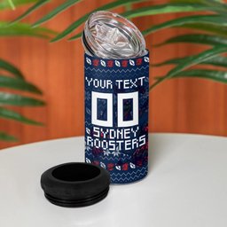 Personalized Sydney Roosters Christmas 4 in 1 Can Cooler Tumbler Australian Rugby Fans - Pixelated Ugly Xmas Pattern Mascot Santa