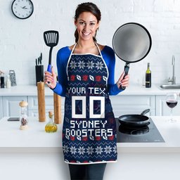 Personalized Sydney Roosters Christmas Apron Australian Rugby Fans - Pixelated Ugly Xmas Pattern Mascot Santa