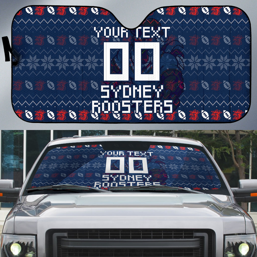 Personalized Sydney Roosters Christmas Auto Sun Shade Australian Rugby Fans - Pixelated Ugly Xmas Pattern Mascot Santa