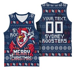 Personalized Sydney Roosters Christmas Basketball Jersey Australian Rugby Fans - Pixelated Ugly Xmas Pattern Mascot Santa