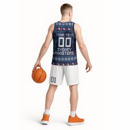 Personalized Sydney Roosters Christmas Basketball Jersey Australian Rugby Fans - Pixelated Ugly Xmas Pattern Mascot Santa