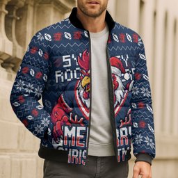 Personalized Sydney Roosters Christmas Bomber Puffer Jacket Australian Rugby Fans - Pixelated Ugly Xmas Pattern Mascot Santa
