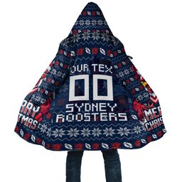 Personalized Sydney Roosters Christmas Cloak Australian Rugby Fans - Pixelated Ugly Xmas Pattern Mascot Santa