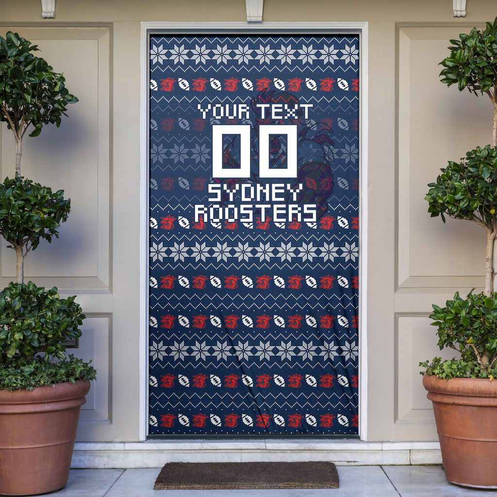 Personalized Sydney Roosters Christmas Door Cover Australian Rugby Fans - Pixelated Ugly Xmas Pattern Mascot Santa