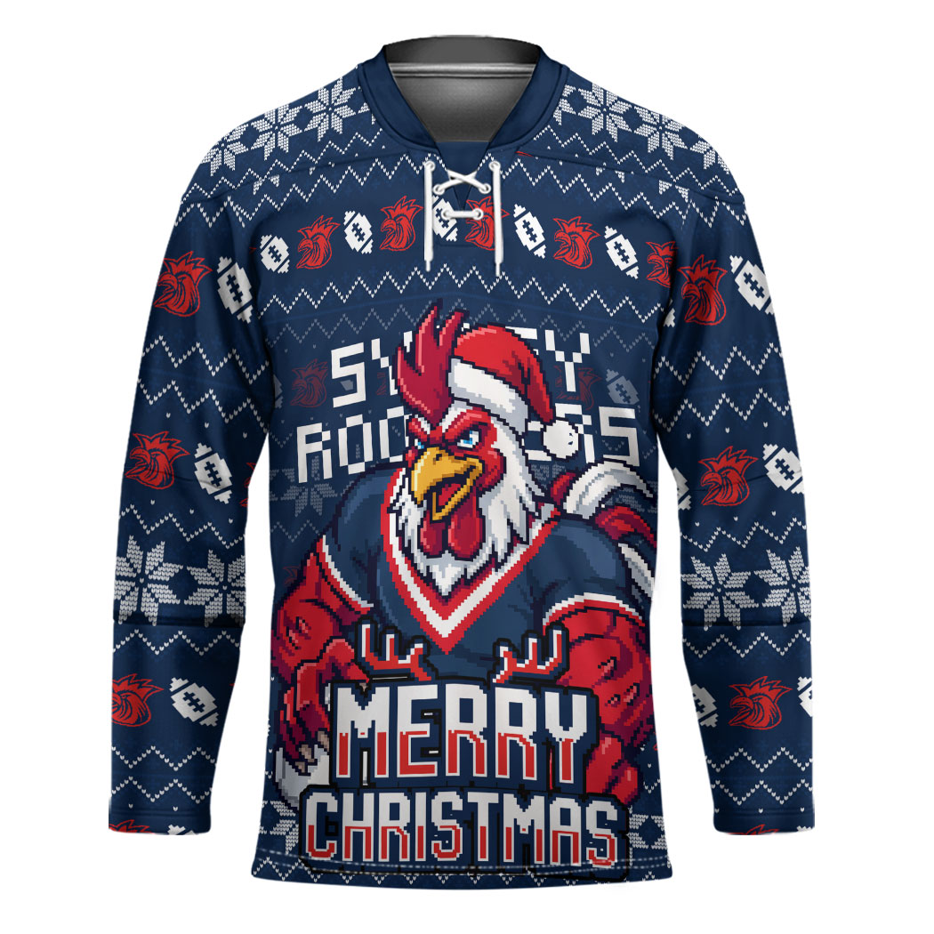 Personalized Sydney Roosters Christmas Hockey Jersey Australian Rugby Fans - Pixelated Ugly Xmas Pattern Mascot Santa