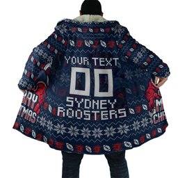 Personalized Sydney Roosters Christmas Cloak Australian Rugby Fans - Pixelated Ugly Xmas Pattern Mascot Santa