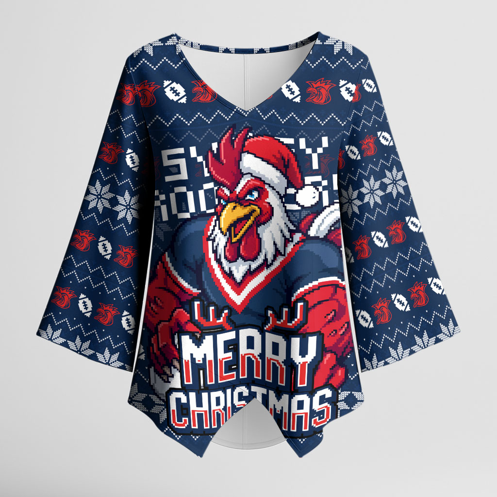 Personalized Sydney Roosters Christmas Kimono Sleeve Blouse Australian Rugby Fans - Pixelated Ugly Xmas Pattern Mascot Santa