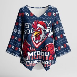 Personalized Sydney Roosters Christmas Kimono Sleeve Blouse Australian Rugby Fans - Pixelated Ugly Xmas Pattern Mascot Santa