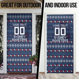 Personalized Sydney Roosters Christmas Door Cover Australian Rugby Fans - Pixelated Ugly Xmas Pattern Mascot Santa