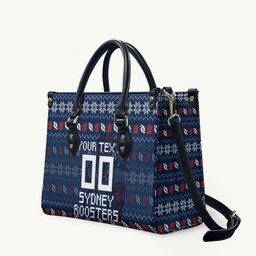 Personalized Sydney Roosters Christmas Leather Bag Australian Rugby Fans - Pixelated Ugly Xmas Pattern Mascot Santa