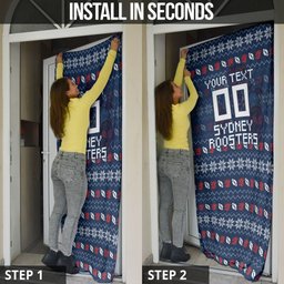 Personalized Sydney Roosters Christmas Door Cover Australian Rugby Fans - Pixelated Ugly Xmas Pattern Mascot Santa