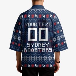 Personalized Sydney Roosters Christmas Kimono Australian Rugby Fans - Pixelated Ugly Xmas Pattern Mascot Santa