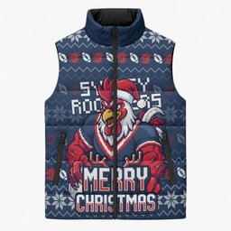 Personalized Sydney Roosters Christmas Sleeveless Puffer Jacket Australian Rugby Fans - Pixelated Ugly Xmas Pattern Mascot Santa