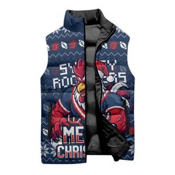 Personalized Sydney Roosters Christmas Sleeveless Puffer Jacket Australian Rugby Fans - Pixelated Ugly Xmas Pattern Mascot Santa
