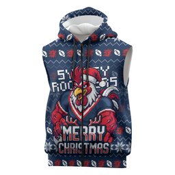 Personalized Sydney Roosters Christmas Sleeveless Zip Hoodie Australian Rugby Fans - Pixelated Ugly Xmas Pattern Mascot Santa