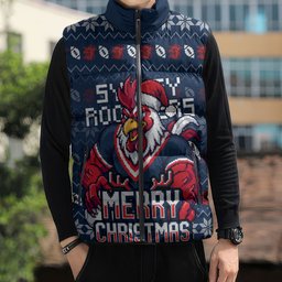 Personalized Sydney Roosters Christmas Sleeveless Puffer Jacket Australian Rugby Fans - Pixelated Ugly Xmas Pattern Mascot Santa