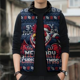 Personalized Sydney Roosters Christmas Sleeveless Puffer Jacket Australian Rugby Fans - Pixelated Ugly Xmas Pattern Mascot Santa
