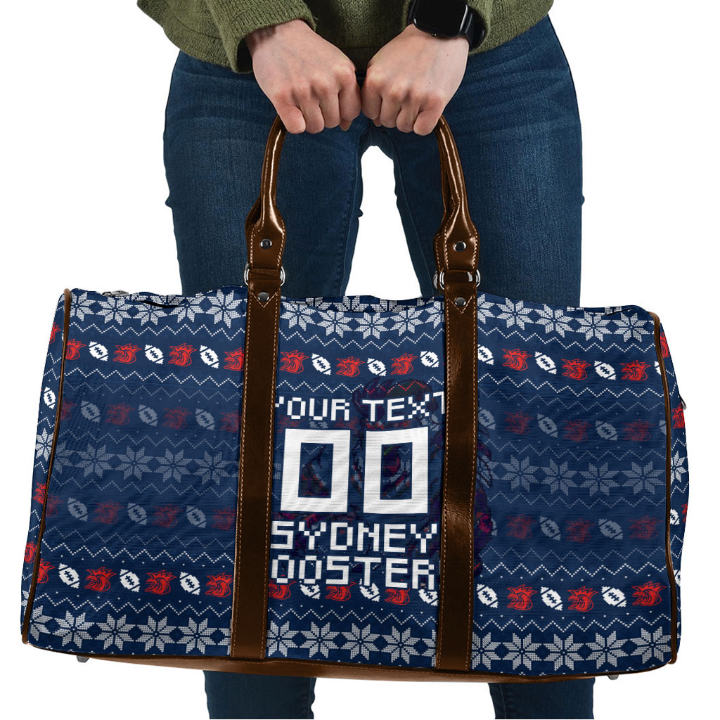 Personalized Sydney Roosters Christmas Travel Bag Australian Rugby Fans - Pixelated Ugly Xmas Pattern Mascot Santa