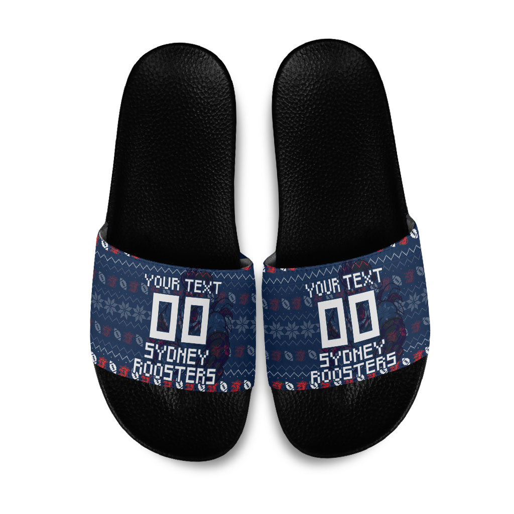 Personalized Sydney Roosters Christmas Slide Sandals Australian Rugby Fans - Pixelated Ugly Xmas Pattern Mascot Santa