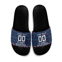 Personalized Sydney Roosters Christmas Slide Sandals Australian Rugby Fans - Pixelated Ugly Xmas Pattern Mascot Santa