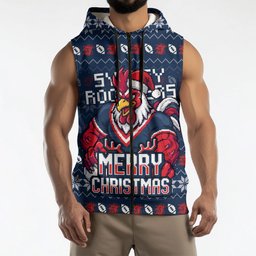 Personalized Sydney Roosters Christmas Sleeveless Zip Hoodie Australian Rugby Fans - Pixelated Ugly Xmas Pattern Mascot Santa
