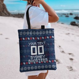 Personalized Sydney Roosters Christmas Tote Bag Australian Rugby Fans - Pixelated Ugly Xmas Pattern Mascot Santa