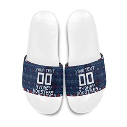 Personalized Sydney Roosters Christmas Slide Sandals Australian Rugby Fans - Pixelated Ugly Xmas Pattern Mascot Santa