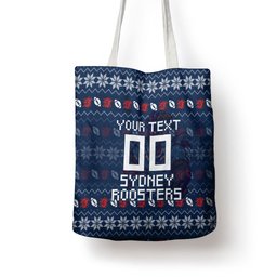 Personalized Sydney Roosters Christmas Tote Bag Australian Rugby Fans - Pixelated Ugly Xmas Pattern Mascot Santa