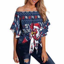 Personalized Sydney Roosters Christmas Off Shoulder Wrap Waist Top Australian Rugby Fans - Pixelated Ugly Xmas Pattern Mascot Santa