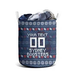 Personalized Sydney Roosters Christmas Laundry Basket Australian Rugby Fans - Pixelated Ugly Xmas Pattern Mascot Santa