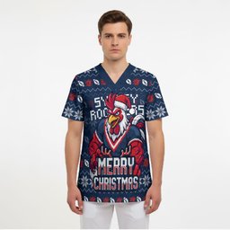 Personalized Sydney Roosters Christmas Scrub Top Australian Rugby Fans - Pixelated Ugly Xmas Pattern Mascot Santa
