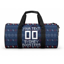 Personalized Sydney Roosters Christmas Duffle Bag Australian Rugby Fans - Pixelated Ugly Xmas Pattern Mascot Santa