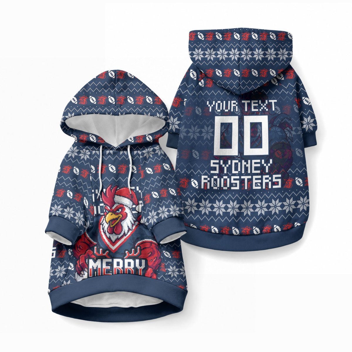 Personalized Sydney Roosters Christmas Pet Hoodie Australian Rugby Fans - Pixelated Ugly Xmas Pattern Mascot Santa