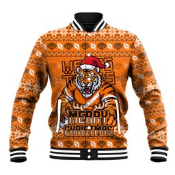 Personalized Wests Tigers Christmas Baseball Jacket Australian Rugby Fans - Pixelated Ugly Xmas Pattern Mascot Santa