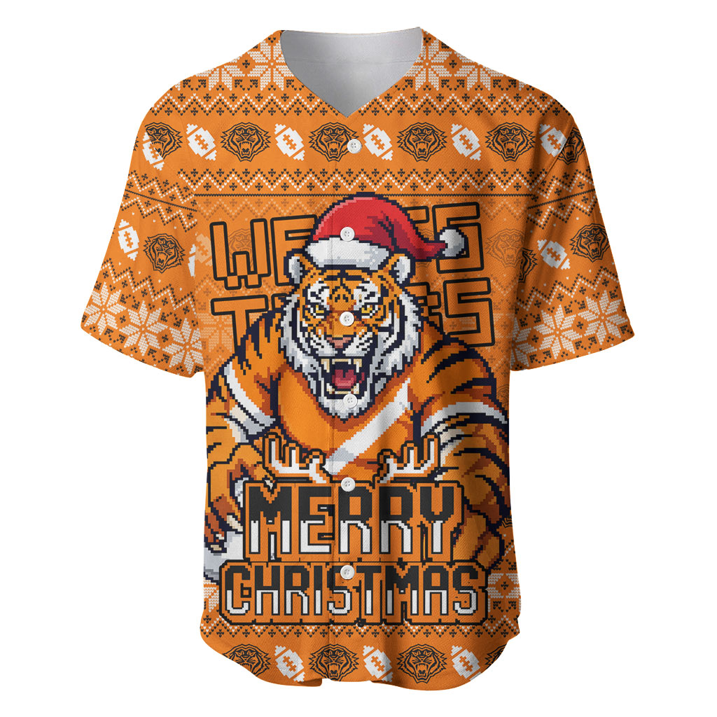 Personalized Wests Tigers Christmas Baseball Jersey Australian Rugby Fans - Pixelated Ugly Xmas Pattern Mascot Santa