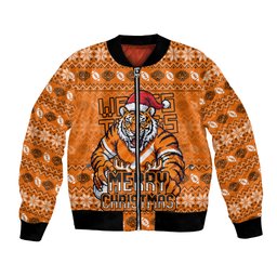 Personalized Wests Tigers Christmas Bomber Jacket Australian Rugby Fans - Pixelated Ugly Xmas Pattern Mascot Santa