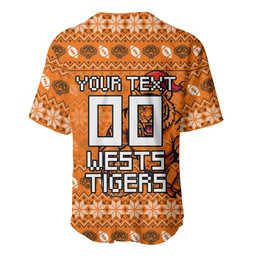 Personalized Wests Tigers Christmas Baseball Jersey Australian Rugby Fans - Pixelated Ugly Xmas Pattern Mascot Santa